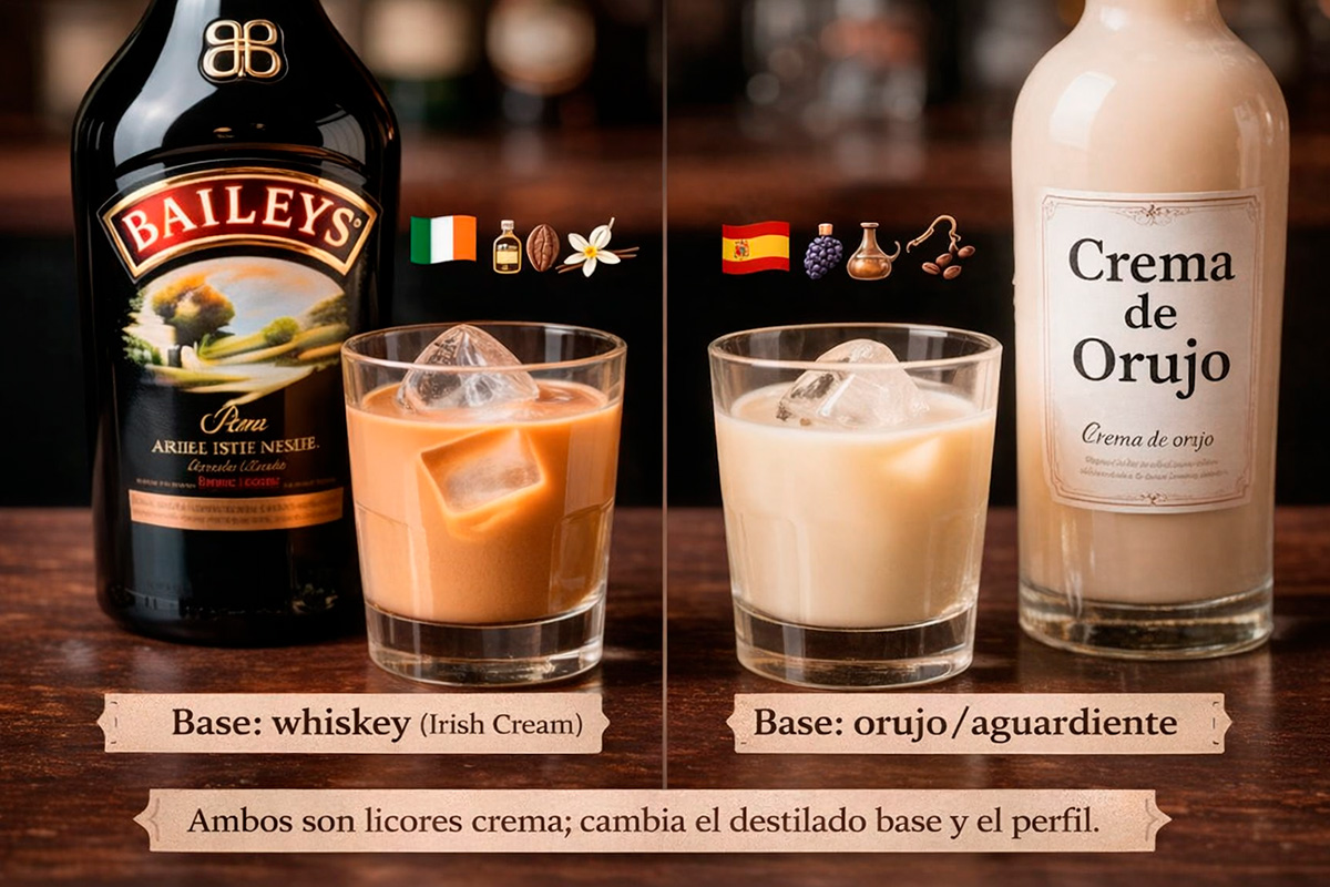 Comparativa visual entre Baileys Irish Cream y crema de orujo: dos vasos con hielo frente a sus botellas, con etiquetas que indican la base de cada licor (whiskey vs orujo/aguardiente).
