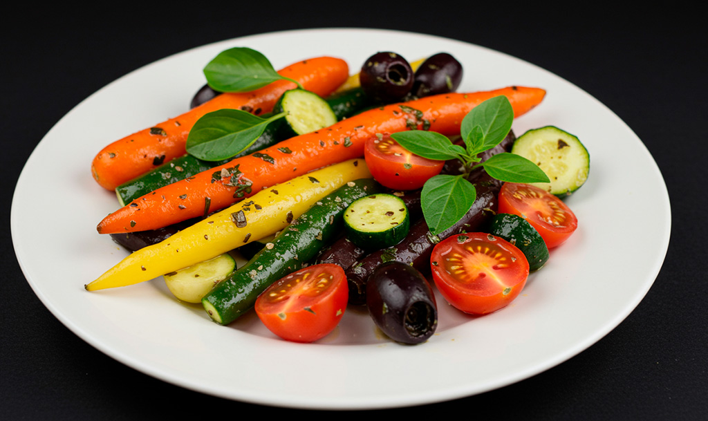 Vegetales rehogados en una sartén, como brócoli y zanahoria.