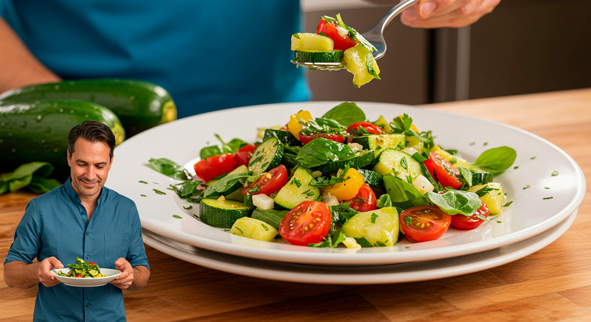 Plato blanco con ensalada fresca de calabacín en rodajas, tomates cherry partidos por la mitad (rojos y amarillos) y hojas de albahaca. Un tenedor levanta una porción de la ensalada. En una esquina inferior, un hombre sonriente sostiene un plato pequeño con la misma ensalada. Al fondo, dos calabacines enteros sobre una mesa de madera.