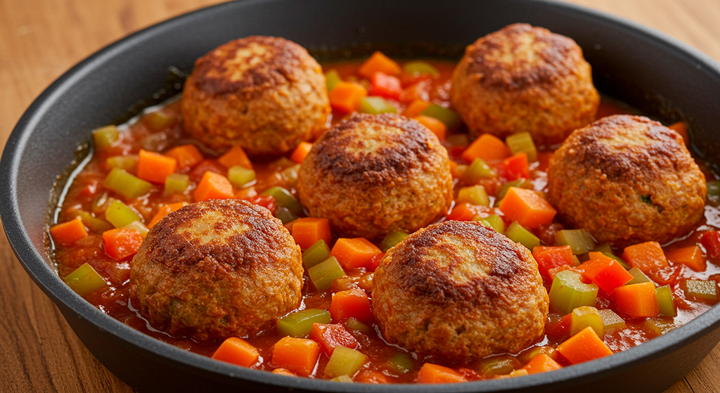 Albóndigas sin gluten y sin lactosa cocinadas en salsa vegetal casera, ideales para una comida completa y deliciosa sin alérgenos