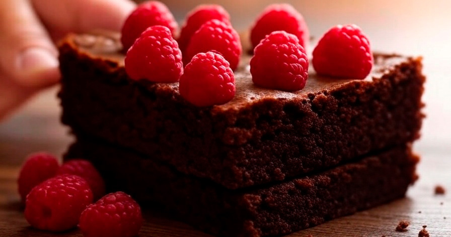 Porción de brownie sin gluten y sin lactosa con frambuesas frescas por encima, combinación perfecta entre chocolate y frutos rojos