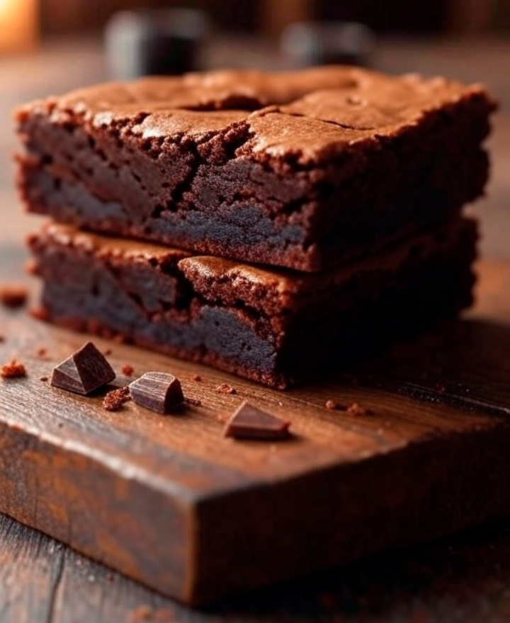 Brownie sin gluten ni lactosa presentado en porción individual sobre superficie rústica, con aspecto casero y apetecible