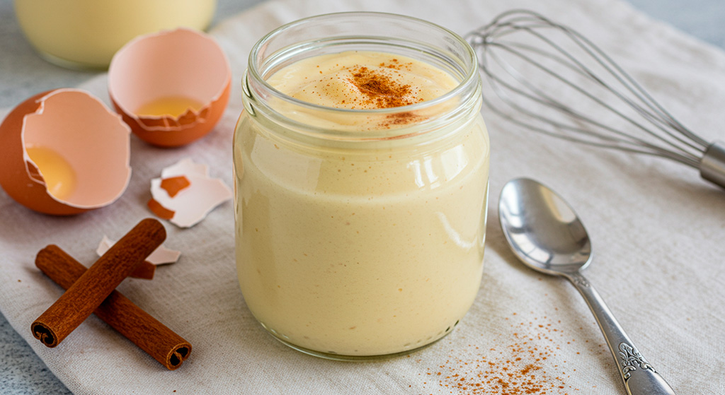 Ingredientes básicos como huevo, bebida vegetal y maicena preparados para elaborar natillas sin gluten ni lactosa en casa