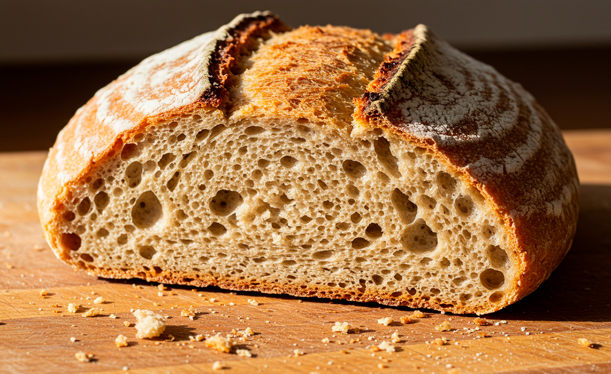 Pan sin gluten ni lactosa recién horneado, con corteza dorada y aspecto artesanal sobre tabla de madera natural