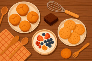 Selección de postres caseros sin gluten ni lactosa, presentados en platos pequeños, ideales para sorprender sin complicaciones