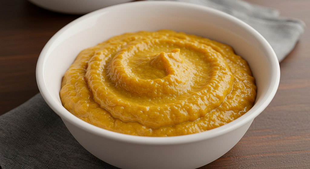 Puré vegetal sin gluten ni lactosa servido en bol, con textura cremosa y suave, ideal como acompañamiento saludable y reconfortante