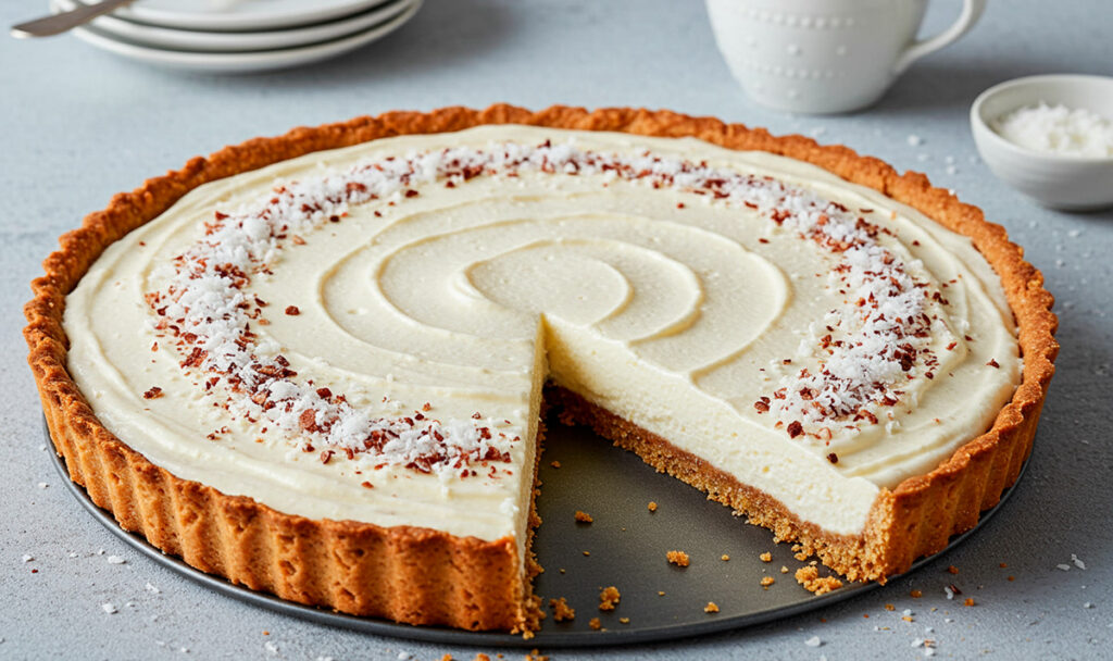 Tarta sin gluten ni lactosa con textura cremosa, vista lateral y una porción retirada, ideal como postre fácil y saludable sin horno