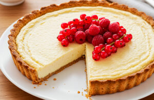 Tarta fría sin gluten ni lactosa con una porción faltante, decorada y lista para servir, perfecta como postre sin horno para personas con intolerancias