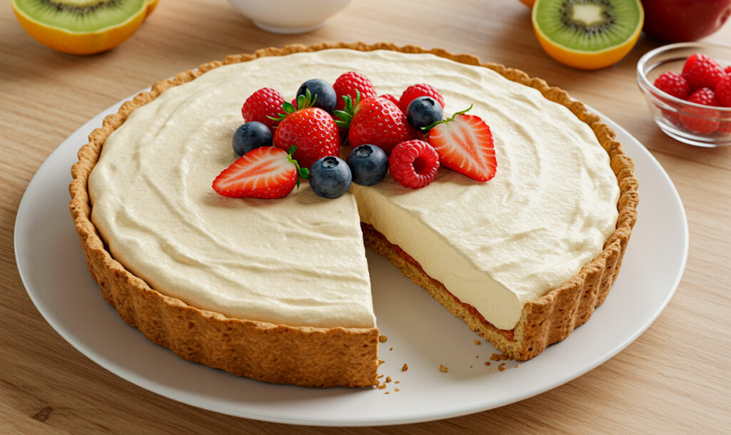 Tarta fría sin gluten ni lactosa con una porción menos, presentada sobre fondo neutro, perfecta para celebraciones sin alérgenos
