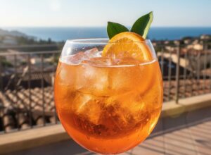 Copa de Aperol Spritz naranja brillante, lleno de hielo y adornado con una rodaja de naranja, en un ambiente soleado de terraza.
