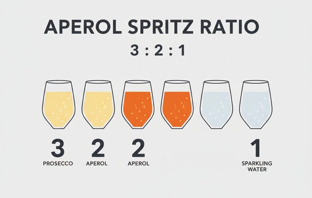 Gráfico visual que explica la proporción 3-2-1 de Aperol Spritz con representaciones de tres partes de Prosecco, dos de Aperol y una de agua con gas.